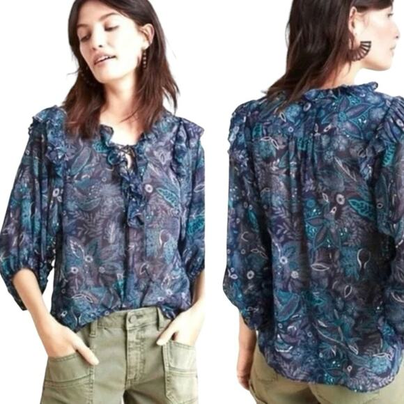 🆕 Anthropologie Haida Pleasant Top Navy Teal Ruffled NWT Size S Romantic Boho - Picture 3 of 11
